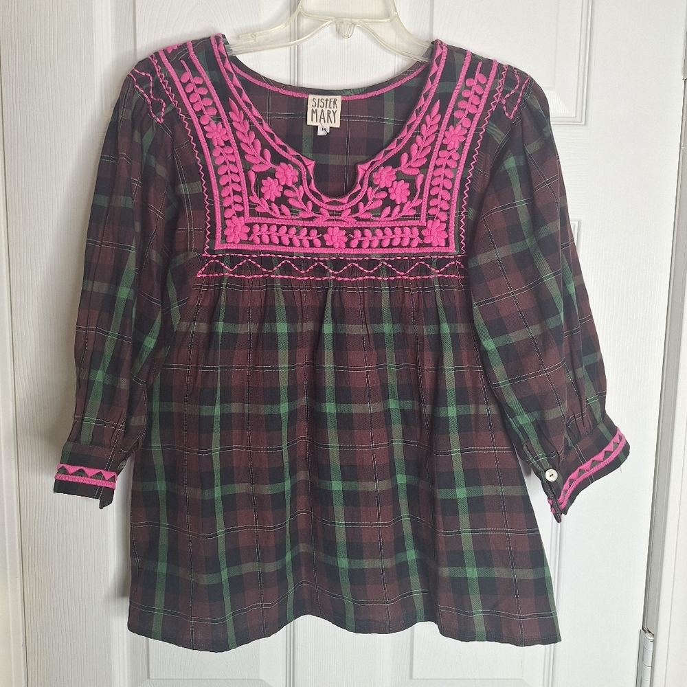 Sister Mary embroidered Plaid top Size Medium